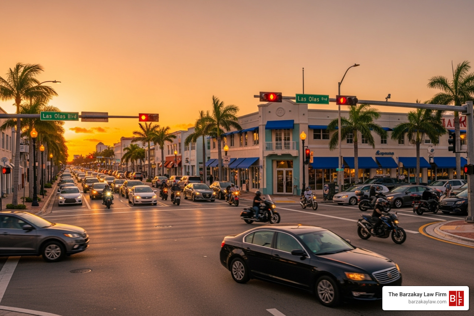 Busy intersection in Fort Lauderdale with cars and motorcycles - broward county motorcycle accident attorney