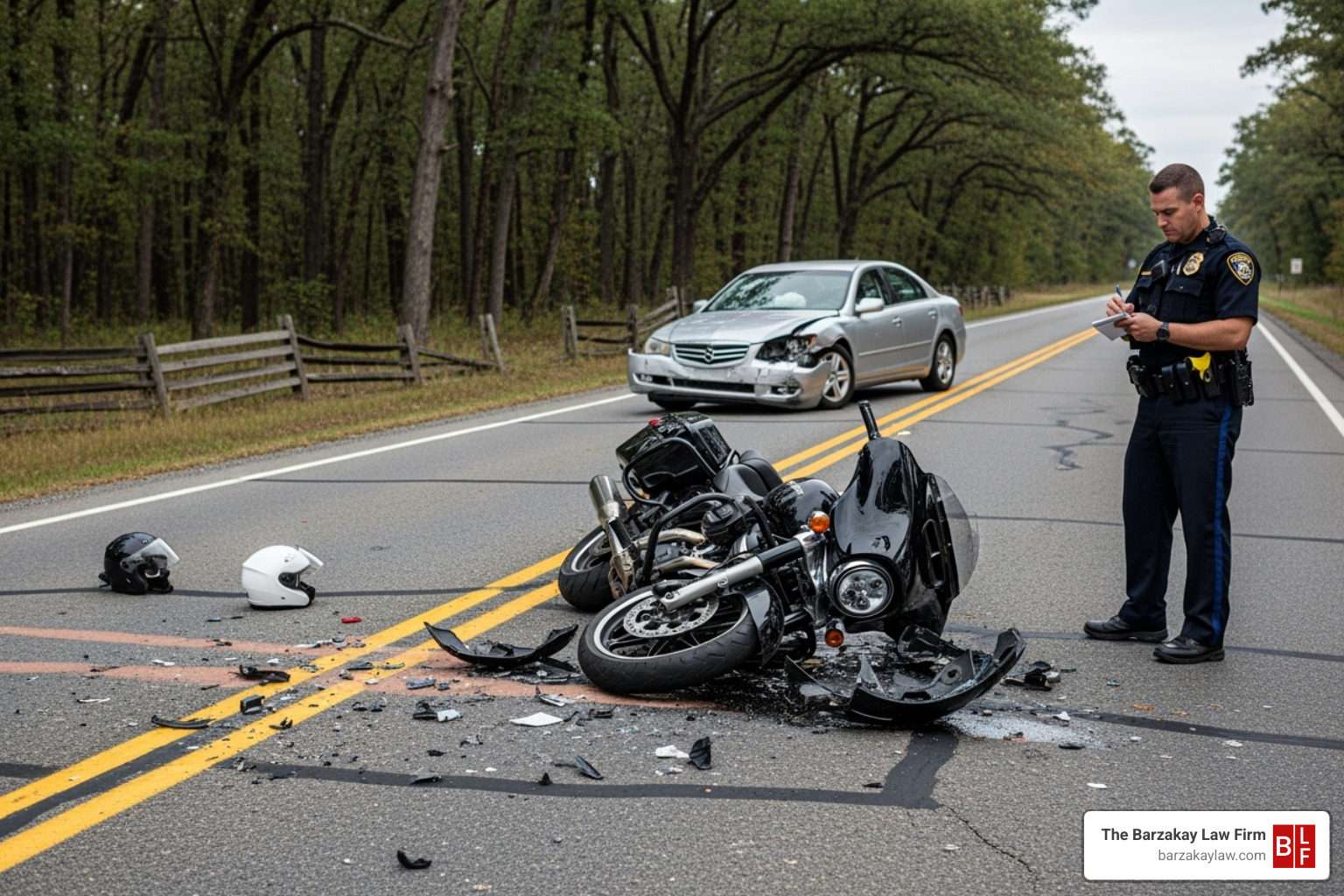 Accident scene with a police officer taking notes - broward county motorcycle accident attorney