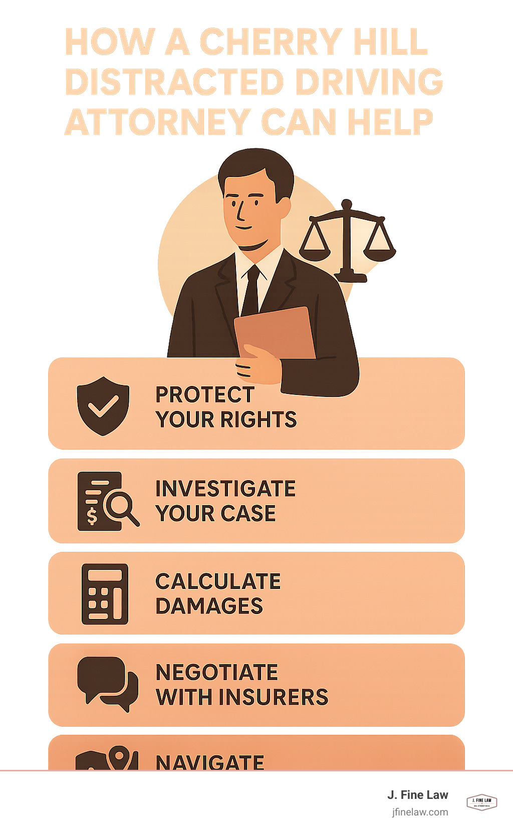 Infographic showing how a cherry hill distracted driving attorney assists victims, including protecting rights, investigating cases, calculating damages, negotiating with insurers, and navigating legal complexities. - cherry hill distracted driving attorney infographic 