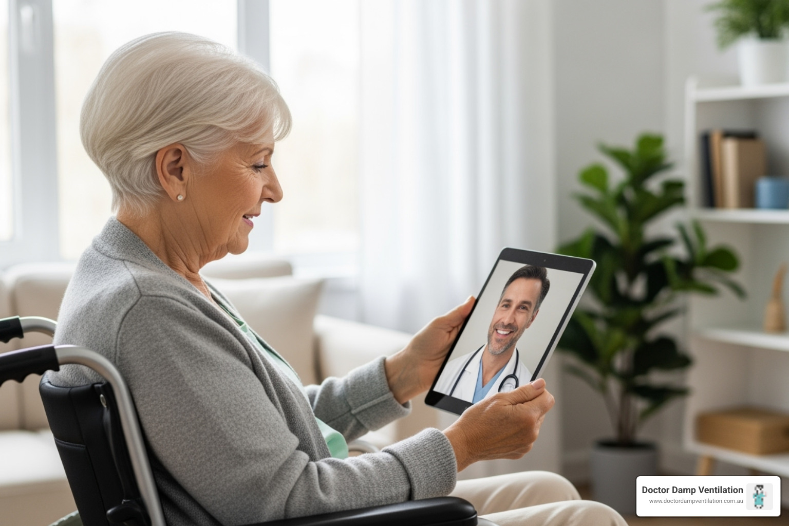 A senior woman in a wheelchair having a telehealth consultation on a tablet, with a friendly doctor on the screen - home health solutions