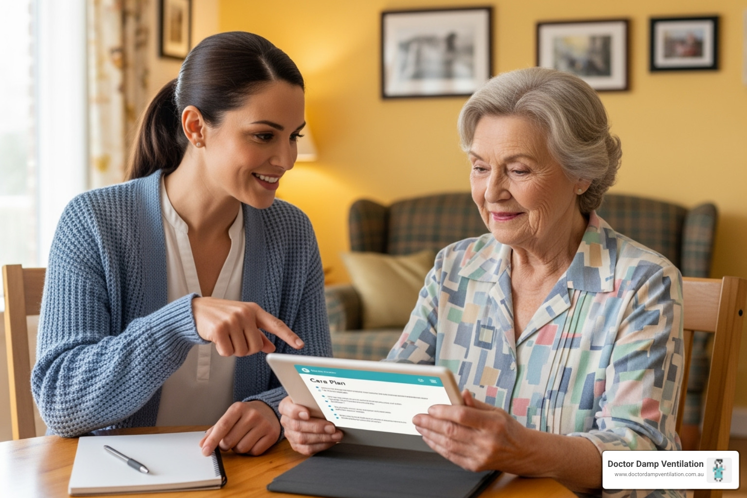 A caregiver and a patient sitting together, reviewing a care plan on a tablet, with a friendly and supportive expression - home health solutions