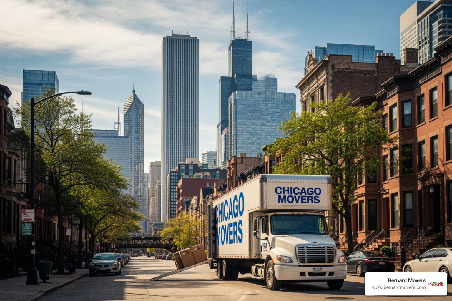 moving truck with a Chicago skyline in the background - Appliance moving services