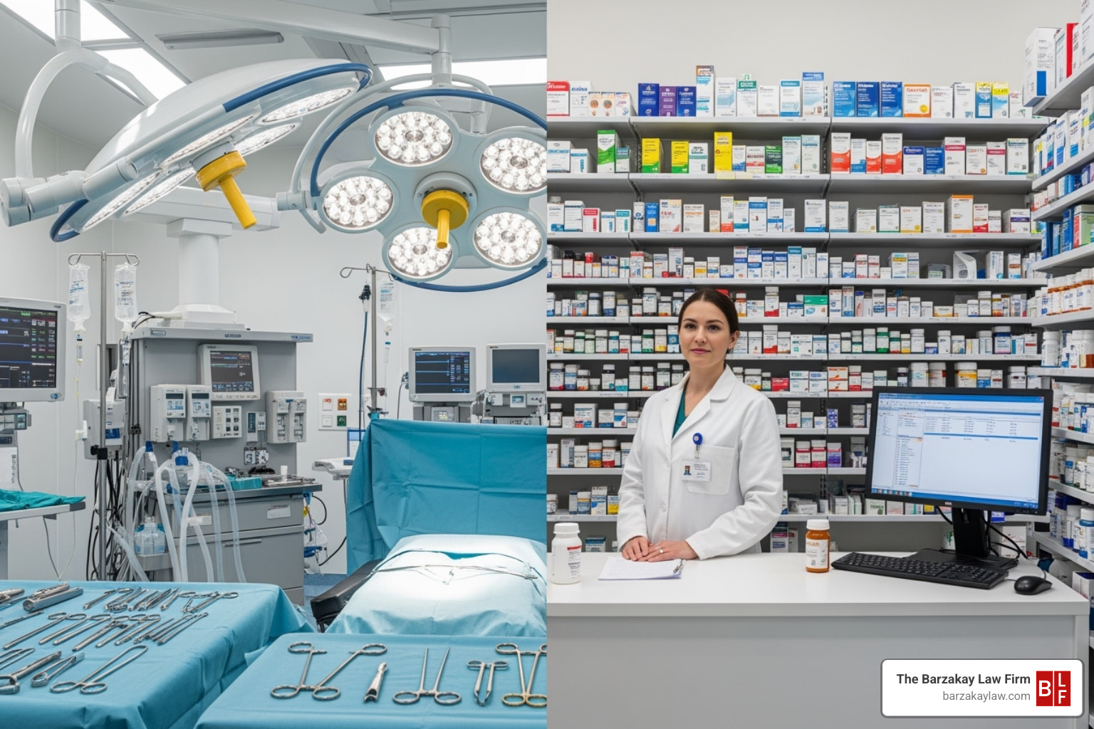 Medical settings like an operating room and a pharmacy - medical malpractice claim attorney