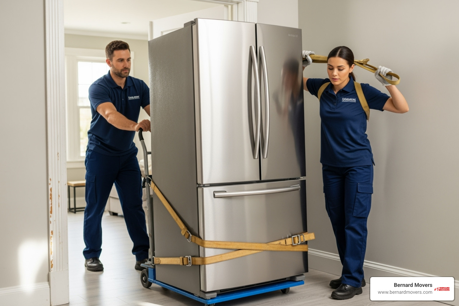 movers using an appliance dolly and lifting straps - Appliance moving services