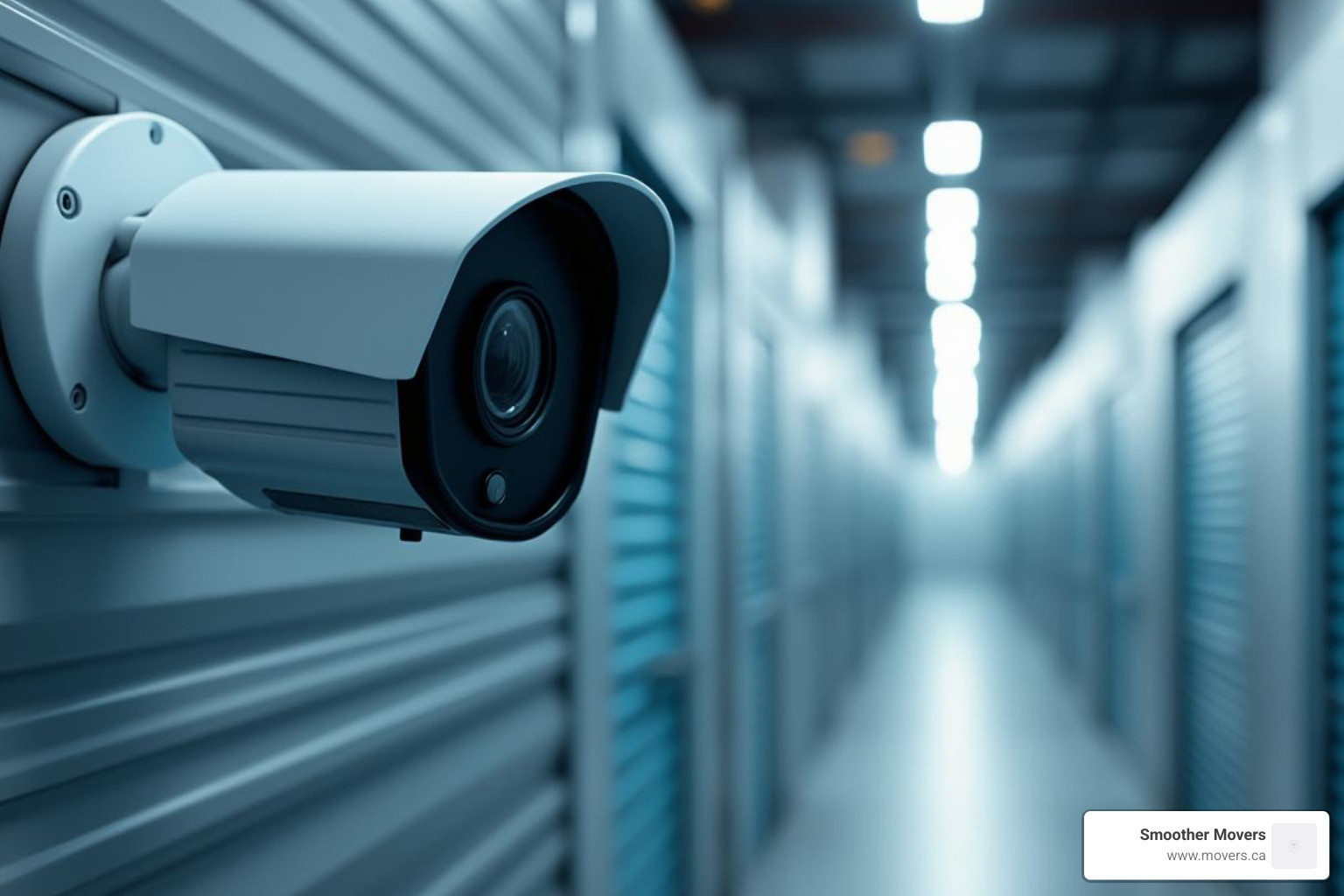 high-tech security camera in a storage facility hallway - climate controlled storage solutions