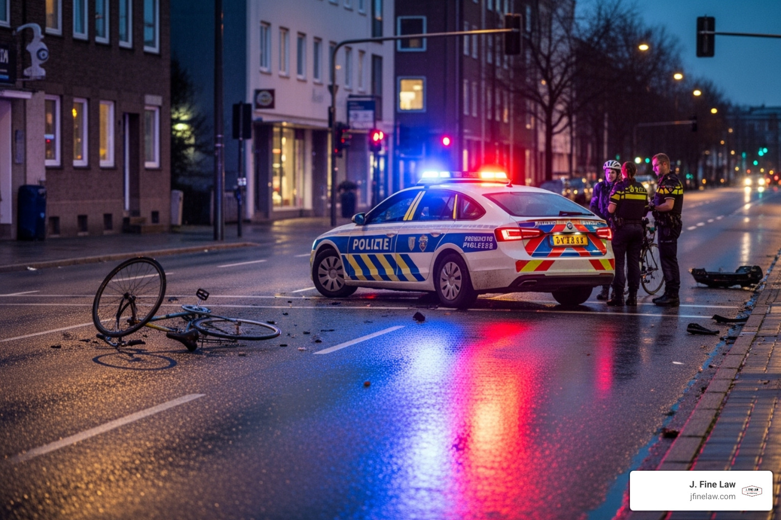 Una escena de accidente con un coche de policía y una bicicleta, vista desde una distancia segura - abogado de accidentes de bicicleta en Cherry Hill