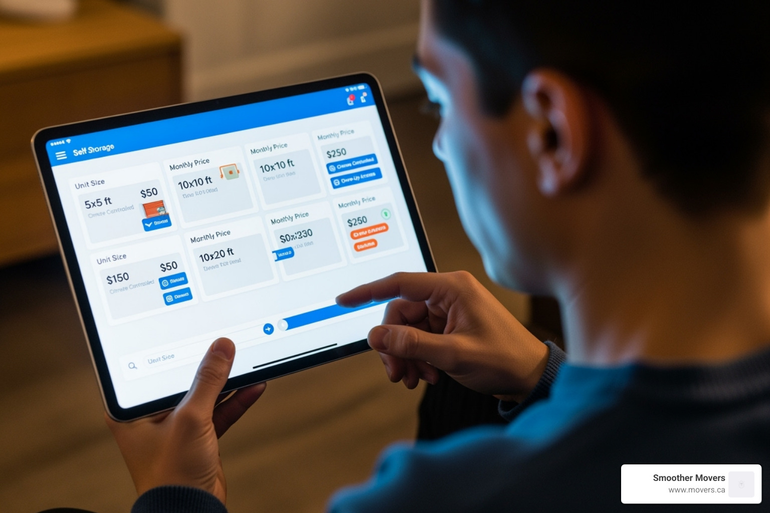 person comparing different storage unit sizes on a tablet - climate controlled storage solutions
