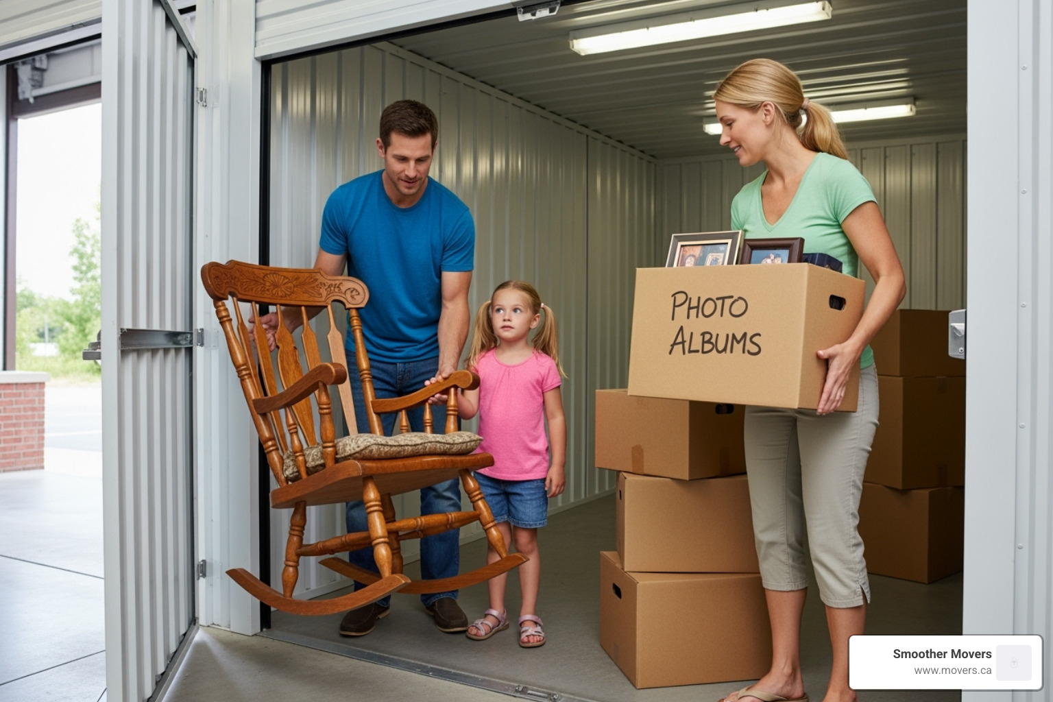 family's valuable items like a wooden rocking chair and photo albums being placed into a secure storage unit - climate controlled storage solutions