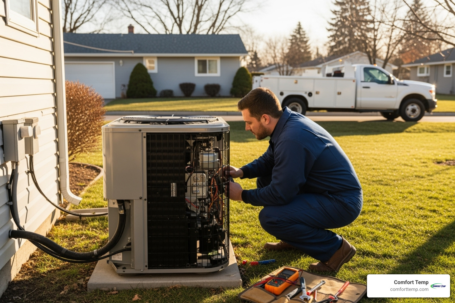 A Comfort Temp technician working on an HVAC unit with a service truck in the background - humidifier vs air purifier A Comfort Temp technician working on an HVAC unit with a service truck in the background - humidifier vs air purifier