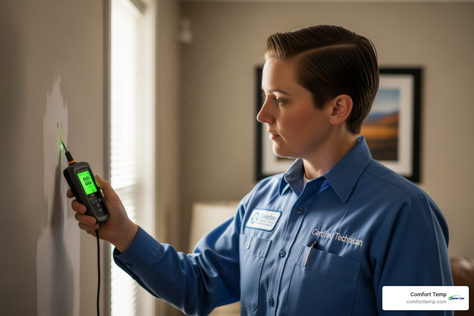 A certified technician using a moisture meter on a wall, indicating a professional approach to air quality assessment - air quality testing Gainesville A certified technician using a moisture meter on a wall, indicating a professional approach to air quality assessment - air quality testing Gainesville