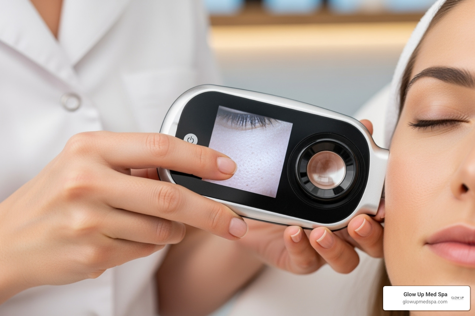 A close-up image of a skin analysis session, showing a professional esthetician examining a client's face with a specialized device to identify specific skin concerns. - best facial Orange County