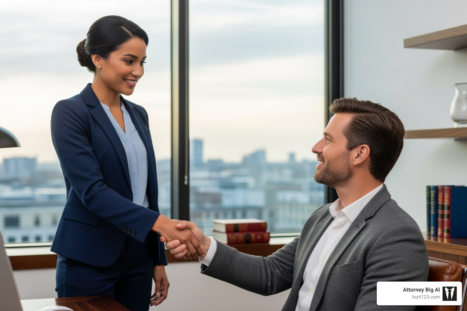 compassionate attorney shaking hands with a client in an office setting - injury truck attorney