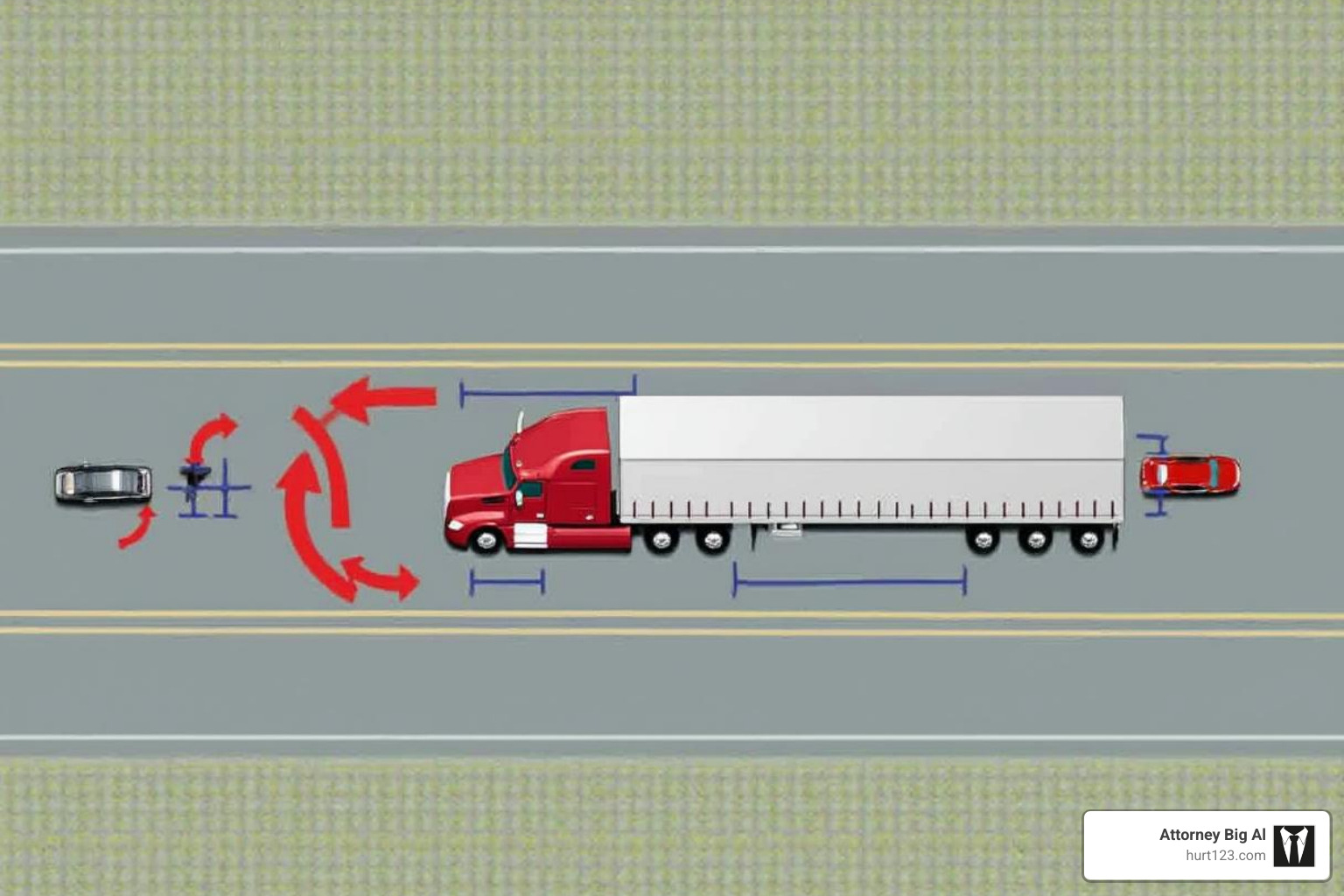diagram showing the large blind spots around a semi-truck - injury truck attorney
