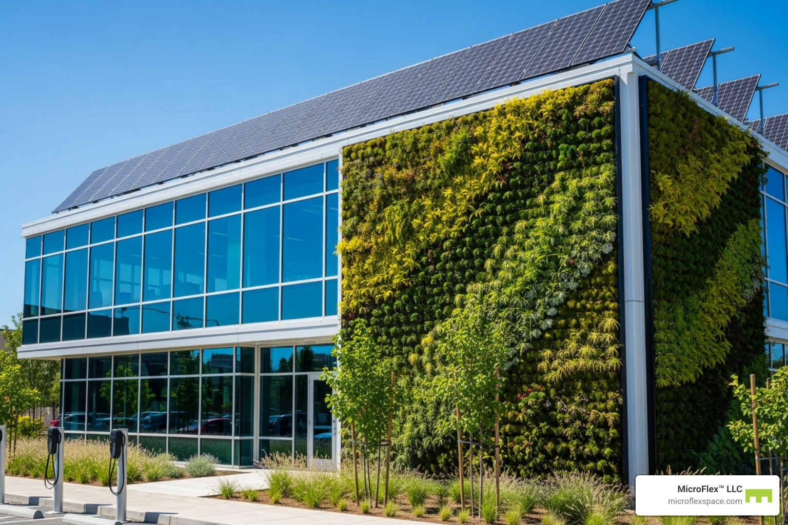 prefab office with green features like solar panels or a living wall - pre fab offices
