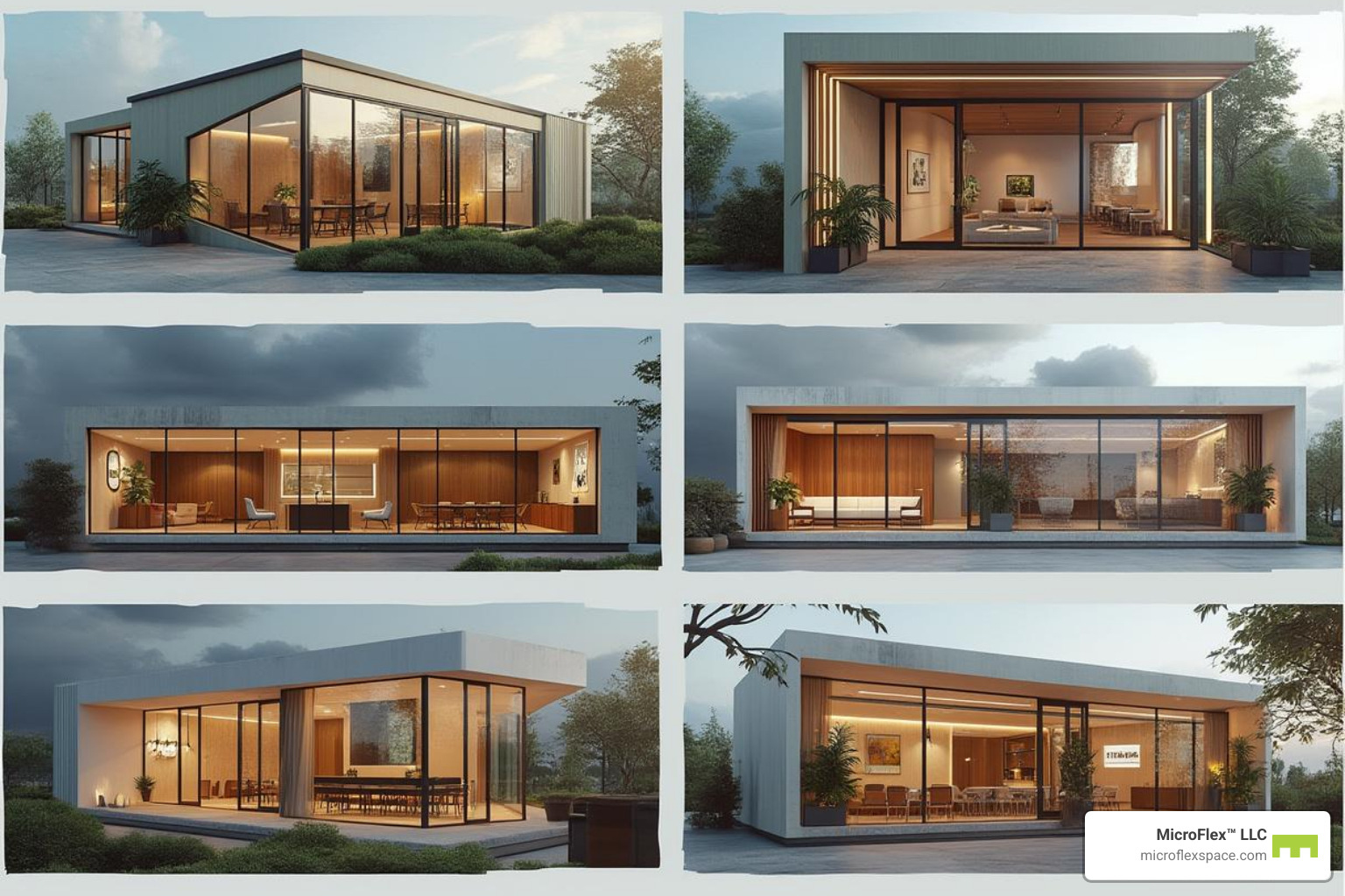 collage showing various interior and exterior customization options for prefab offices - pre fab offices