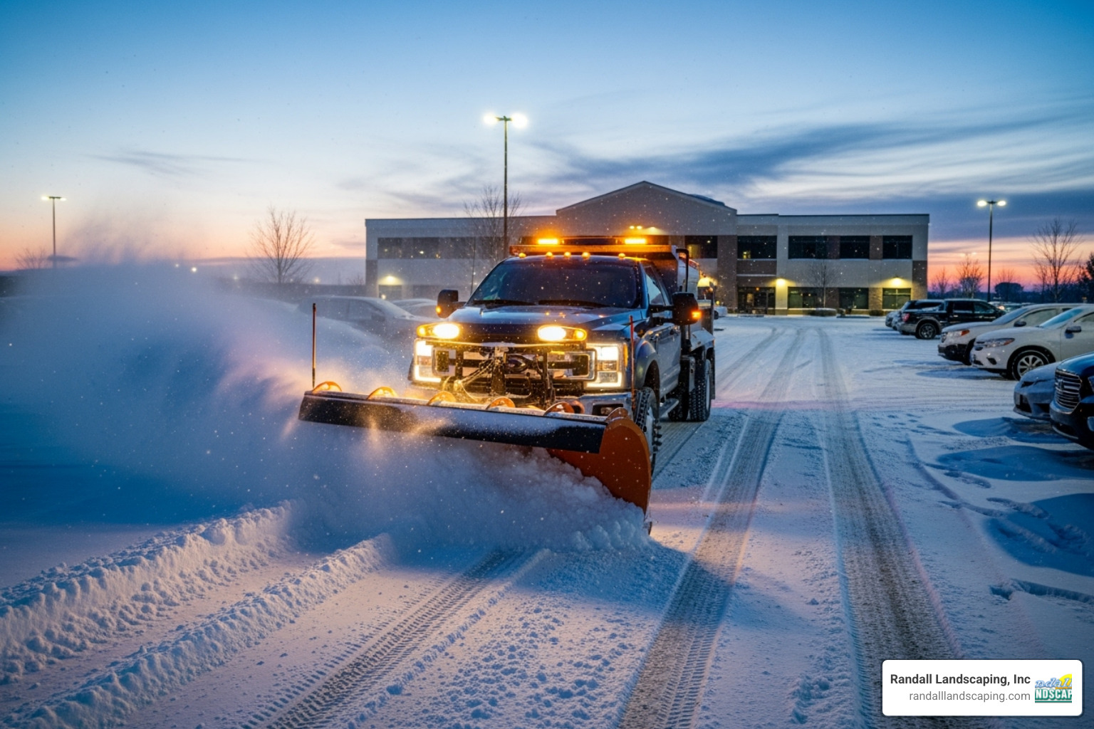 image of a pickup truck with a large snow plow clearing a parking lot - must haves for snow removal commercial image of a pickup truck with a large snow plow clearing a parking lot - must haves for snow removal commercial
