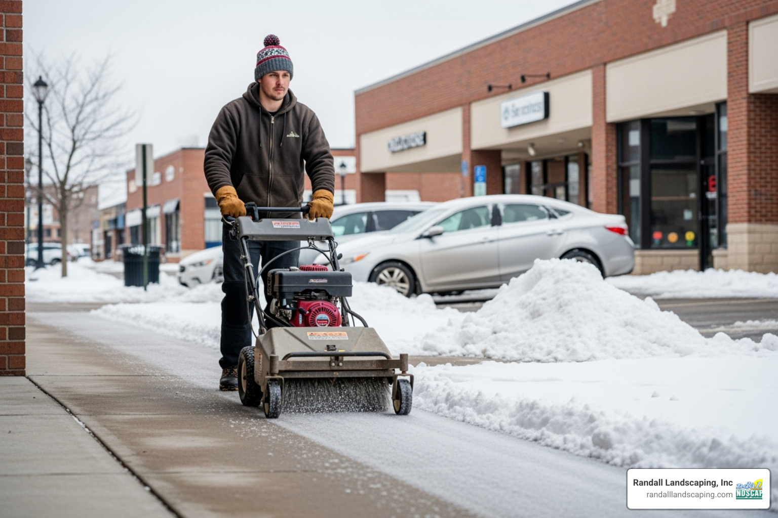 image of an operator using a walk-behind power broom on a sidewalk - must haves for snow removal commercial image of an operator using a walk-behind power broom on a sidewalk - must haves for snow removal commercial
