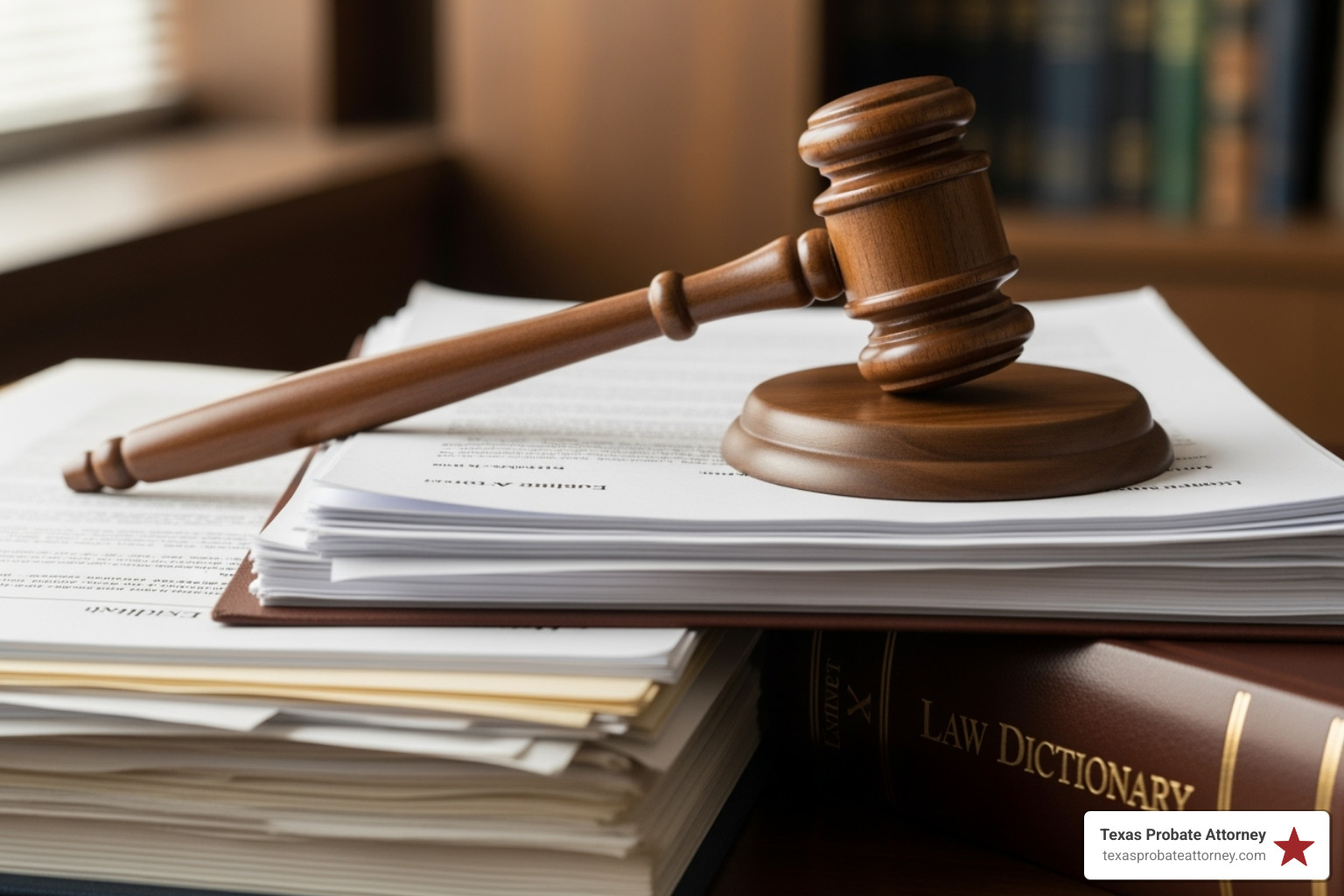 gavel resting on a stack of legal documents labeled "Estate Inventory" - citation application for independent administration texas