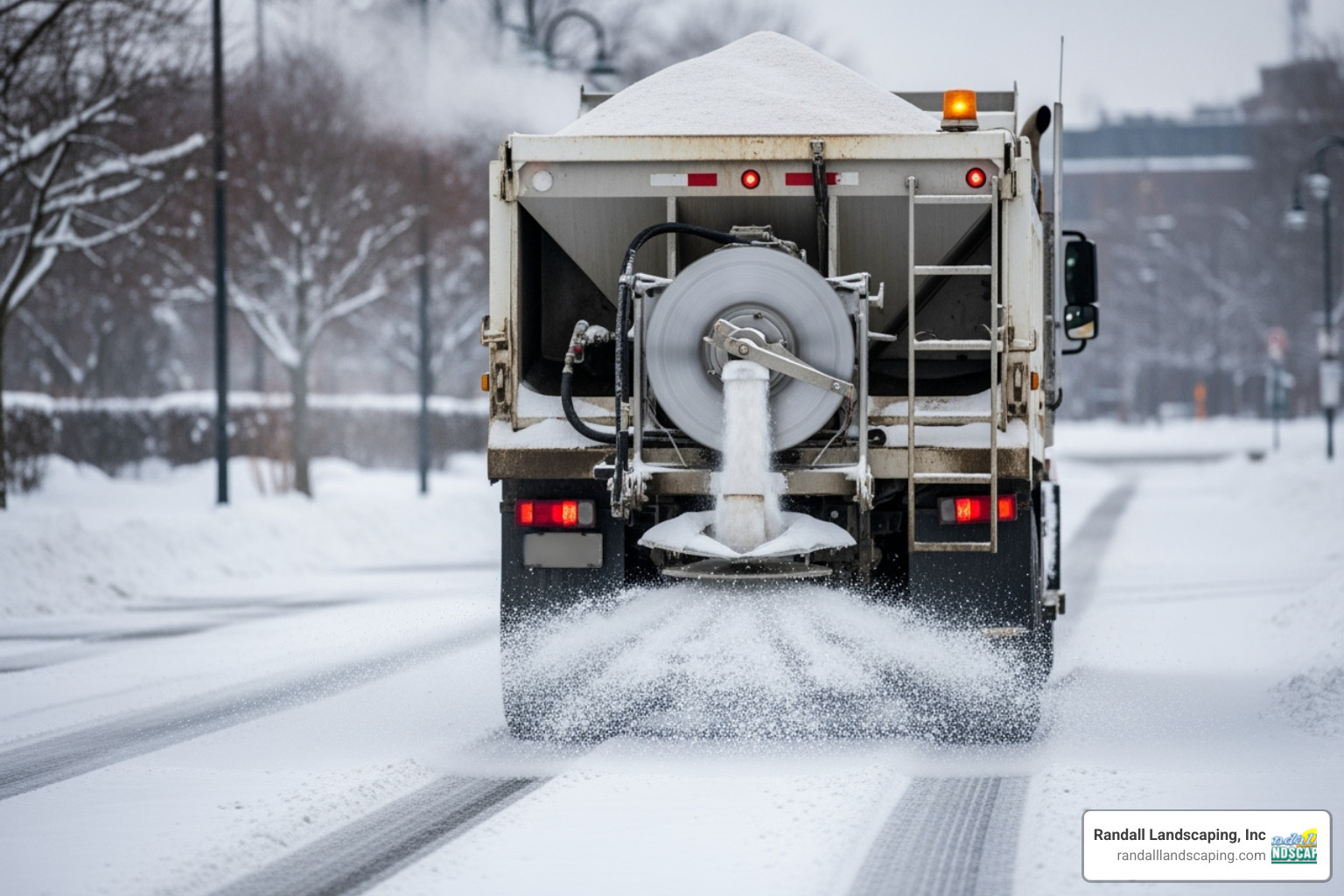 image of a truck-mounted salt spreader in action - must haves for snow removal commercial image of a truck-mounted salt spreader in action - must haves for snow removal commercial