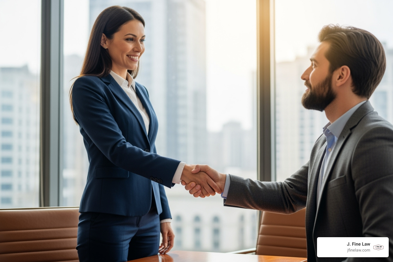 A friendly, professional lawyer shaking a client's hand - accident auto lawyer