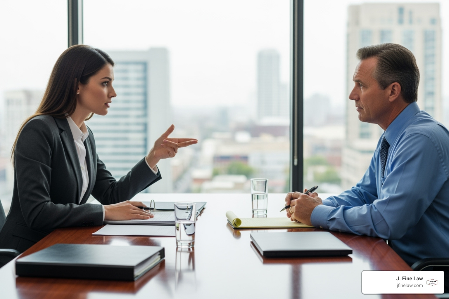 A lawyer confidently speaking with an insurance adjuster in an office setting - accident auto lawyer