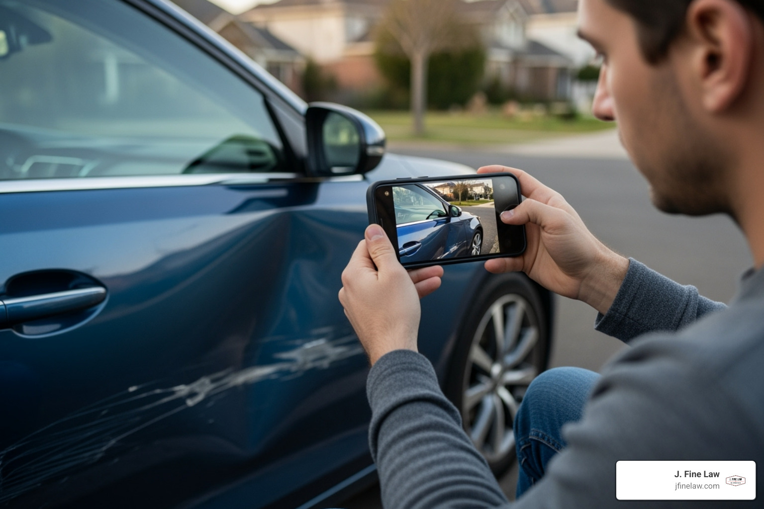 A person taking photos of car damage with their smartphone - accident auto lawyer