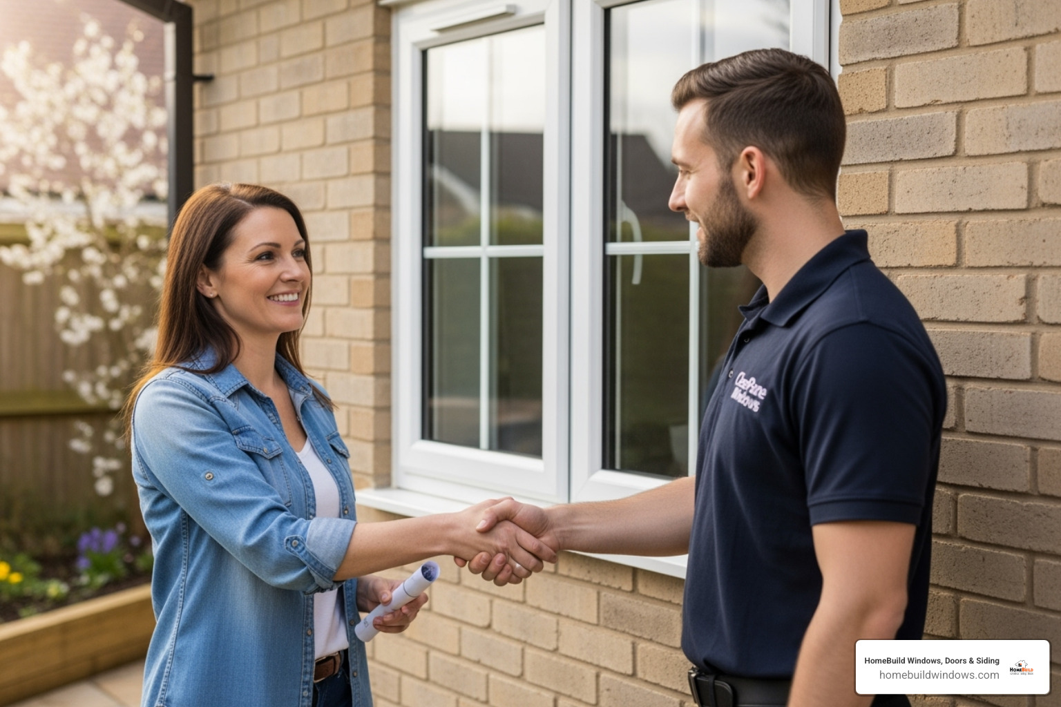 A homeowner confidently shaking hands with a window installer, signifying trust and a successful project - certified window installers