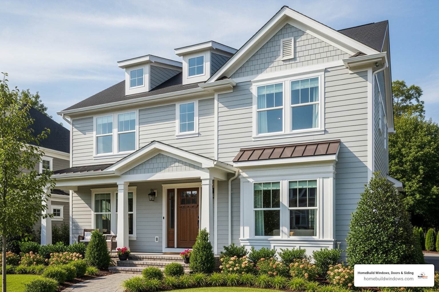 A beautiful home exterior with new, perfectly installed windows, showcasing improved curb appeal and natural light - certified window installers