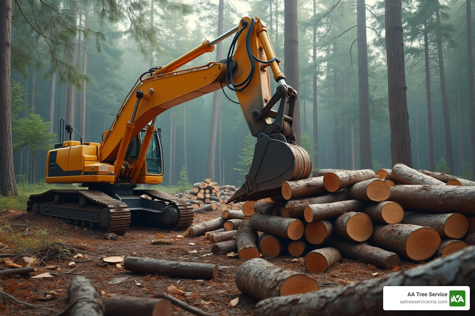 excavator with a grapple attachment sorting logs - site clearing services