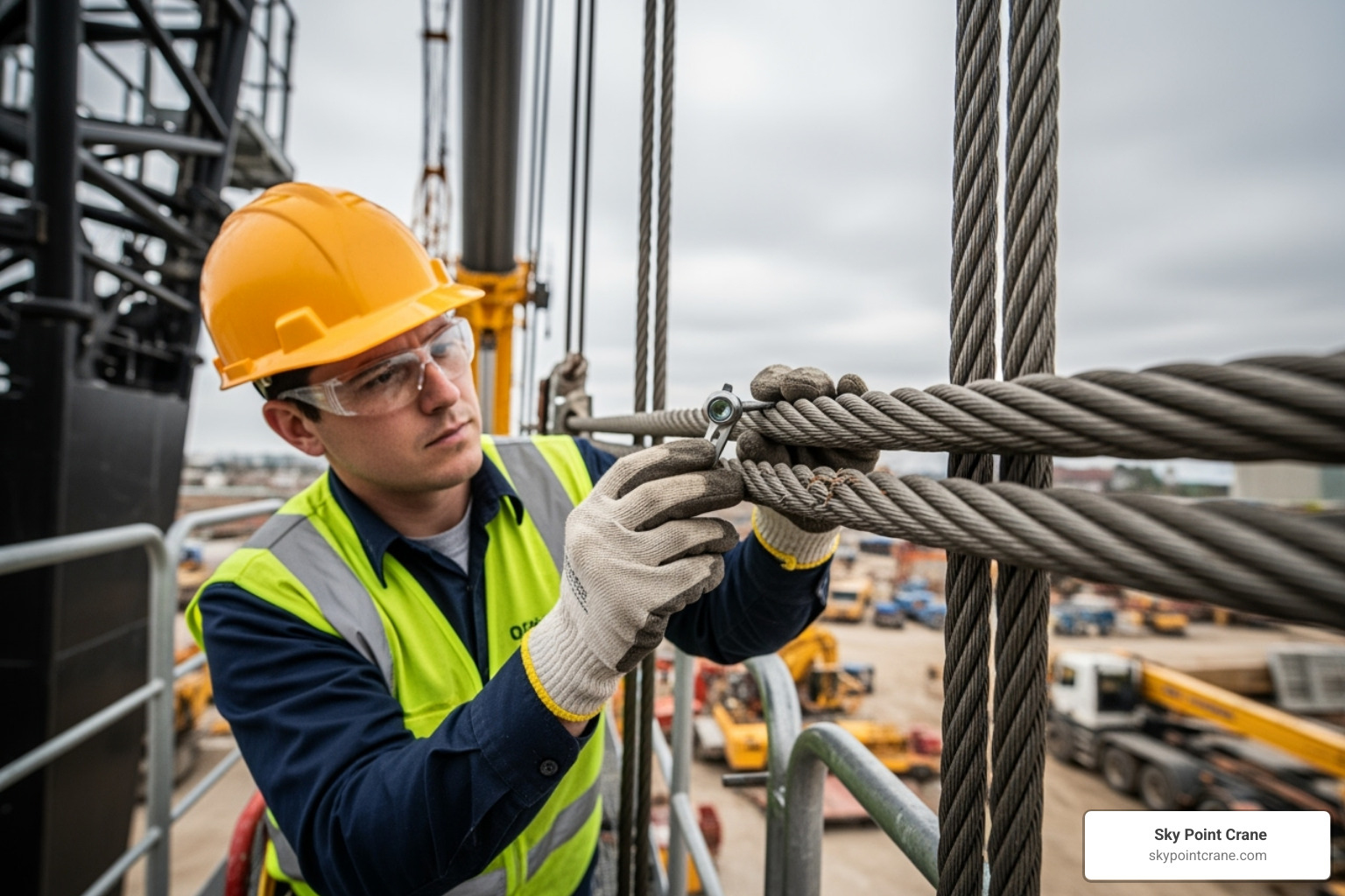 technician inspecting a crane's wire rope - self erect tower crane repairs