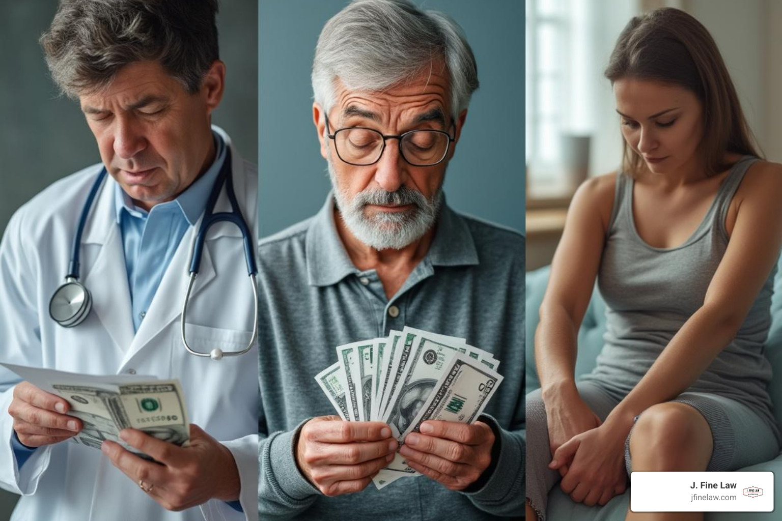 A collage showing medical bills, a physical therapy session, and a person unable to work - accident auto lawyer
