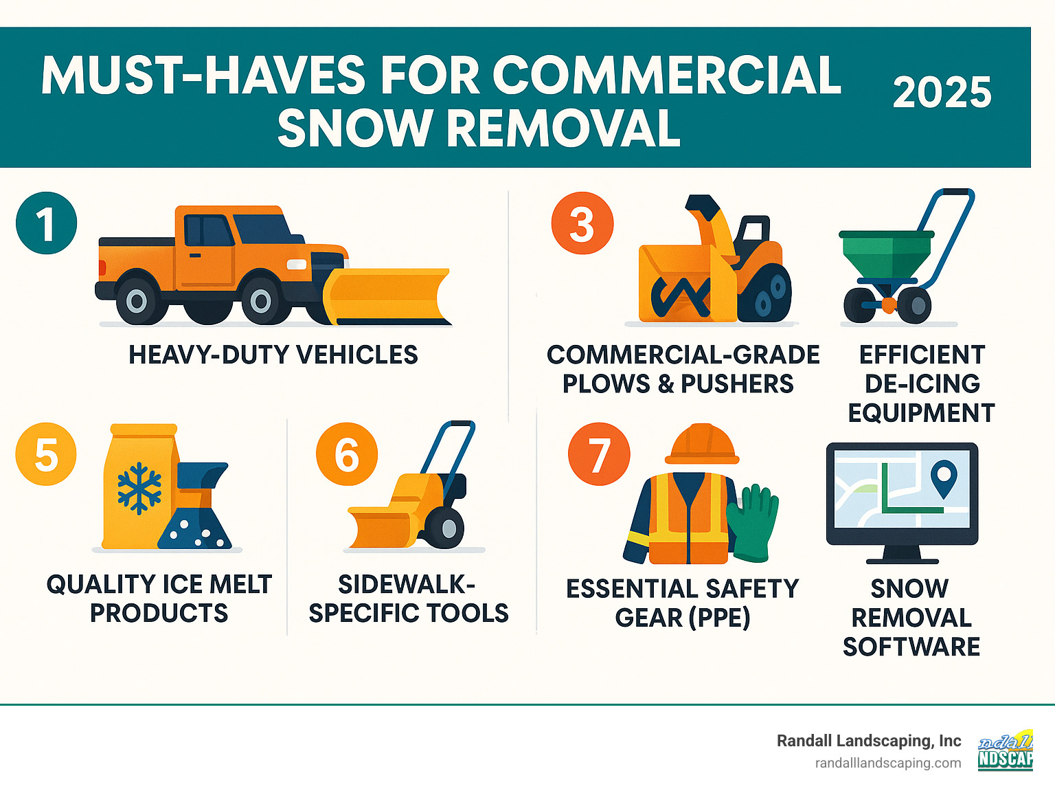 Infographic illustrating the top 8 essential must-haves for commercial snow removal, including heavy-duty vehicles, commercial-grade plows and pushers, high-capacity snow blowers, efficient de-icing equipment, quality ice melt products, sidewalk-specific tools, essential safety gear (PPE), and snow removal management software. - must haves for snow removal commercial infographic Infographic illustrating the top 8 essential must-haves for commercial snow removal, including heavy-duty vehicles, commercial-grade plows and pushers, high-capacity snow blowers, efficient de-icing equipment, quality ice melt products, sidewalk-specific tools, essential safety gear (PPE), and snow removal management software. - must haves for snow removal commercial infographic
