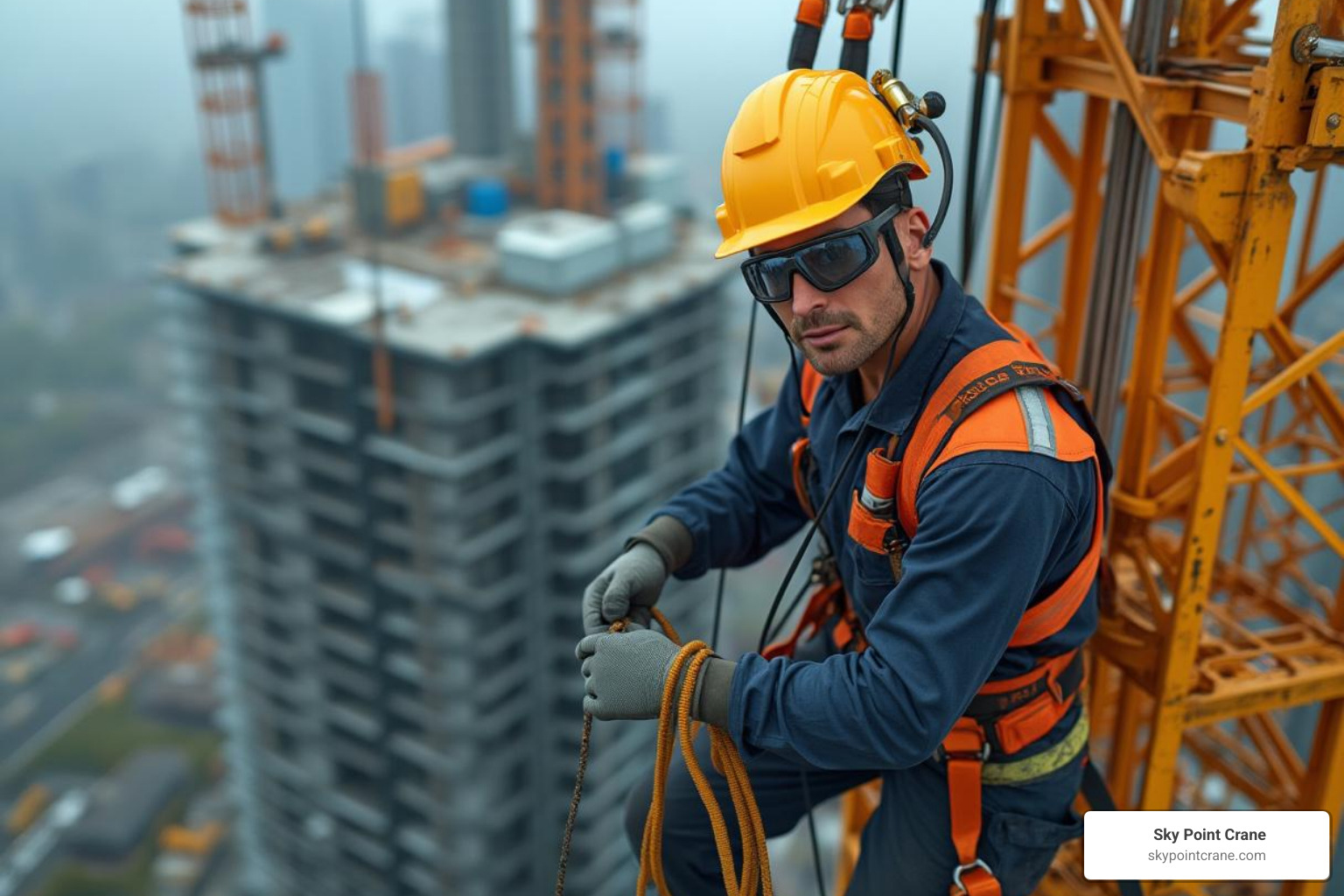 technician wearing full PPE, including a harness, while working on a crane - self erect tower crane repairs