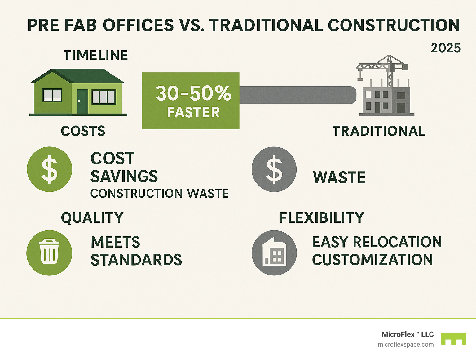 Comprehensive comparison infographic showing prefab offices versus traditional construction, featuring timeline comparisons (30-50% faster completion), cost savings breakdown, waste reduction statistics (40% less construction waste), quality standards compliance, and flexibility benefits including relocation capabilities and customization options - pre fab offices infographic 
