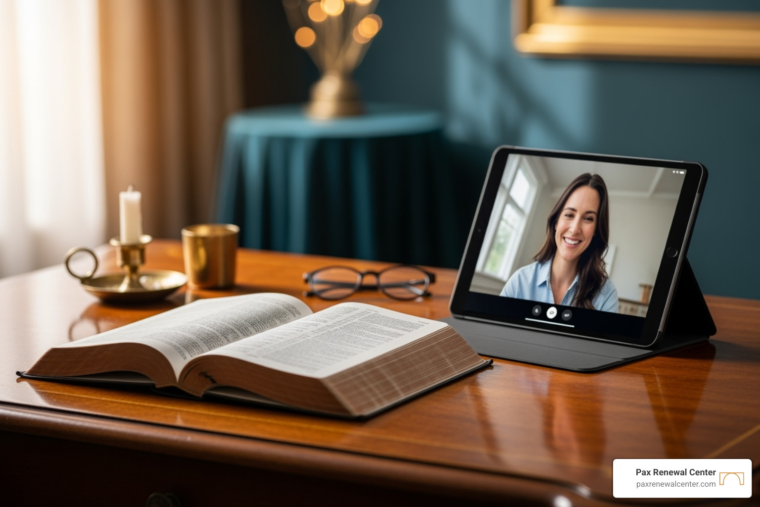 a Bible next to a tablet displaying a video call - virtual Christian therapy