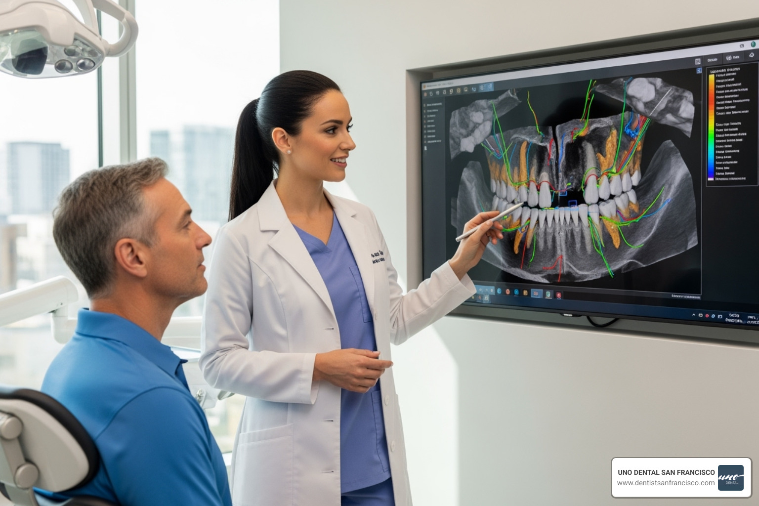 of a dentist explaining a 3D dental scan to a patient - complete dental restoration