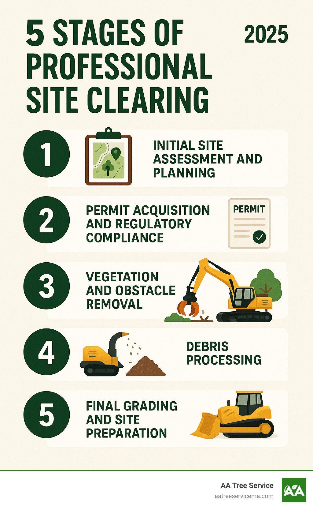 Comprehensive infographic showing the 5 essential stages of professional site clearing: 1) Initial site assessment and planning, 2) Permit acquisition and regulatory compliance, 3) Vegetation and obstacle removal using specialized equipment, 4) Debris processing through mulching or disposal, 5) Final grading and site preparation for development - site clearing services infographic 