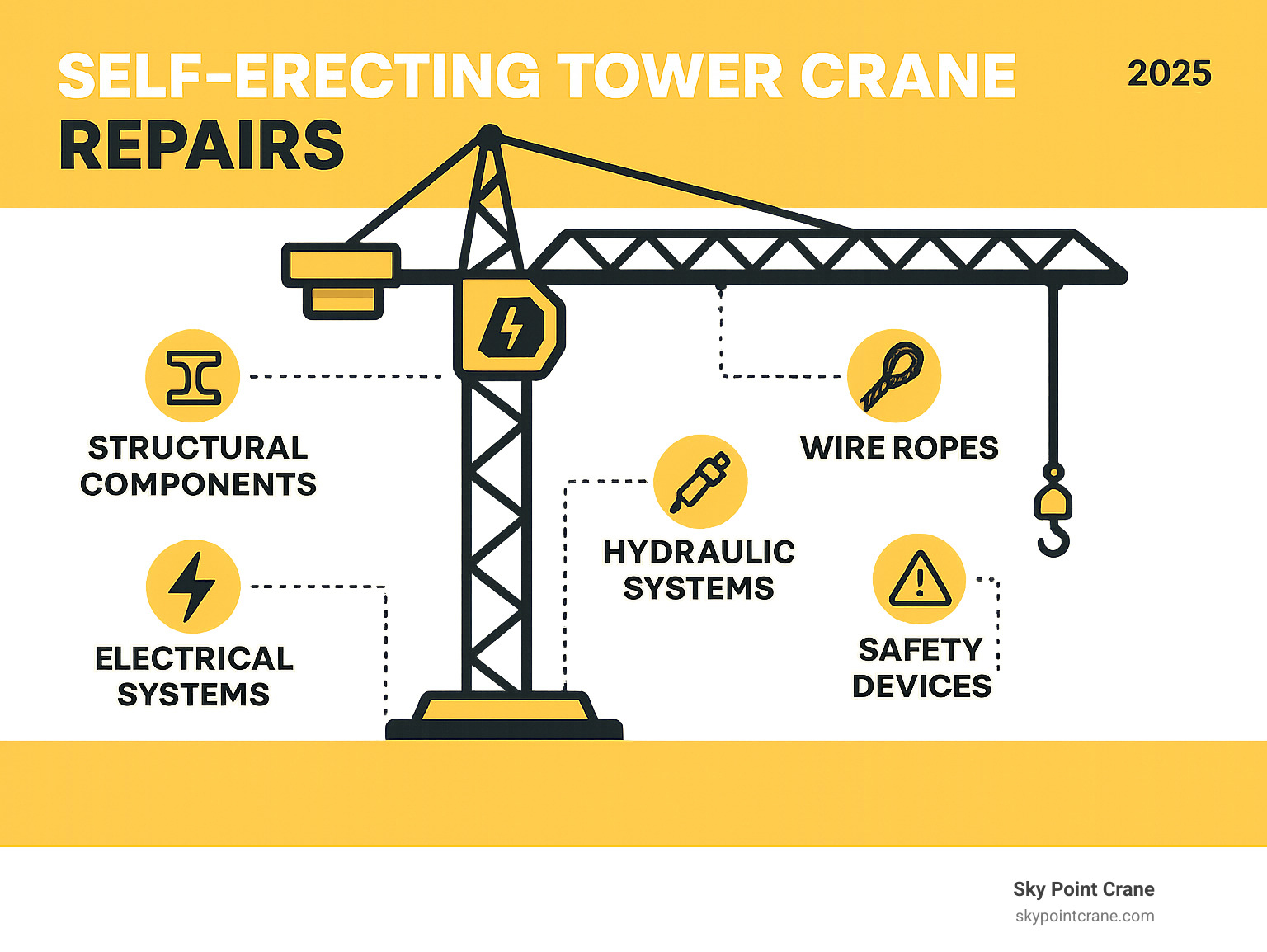 Detailed infographic showing common self-erecting tower crane repair points, including structural components, electrical systems, hydraulic systems, wire ropes, and safety devices - self erect tower crane repairs infographic 