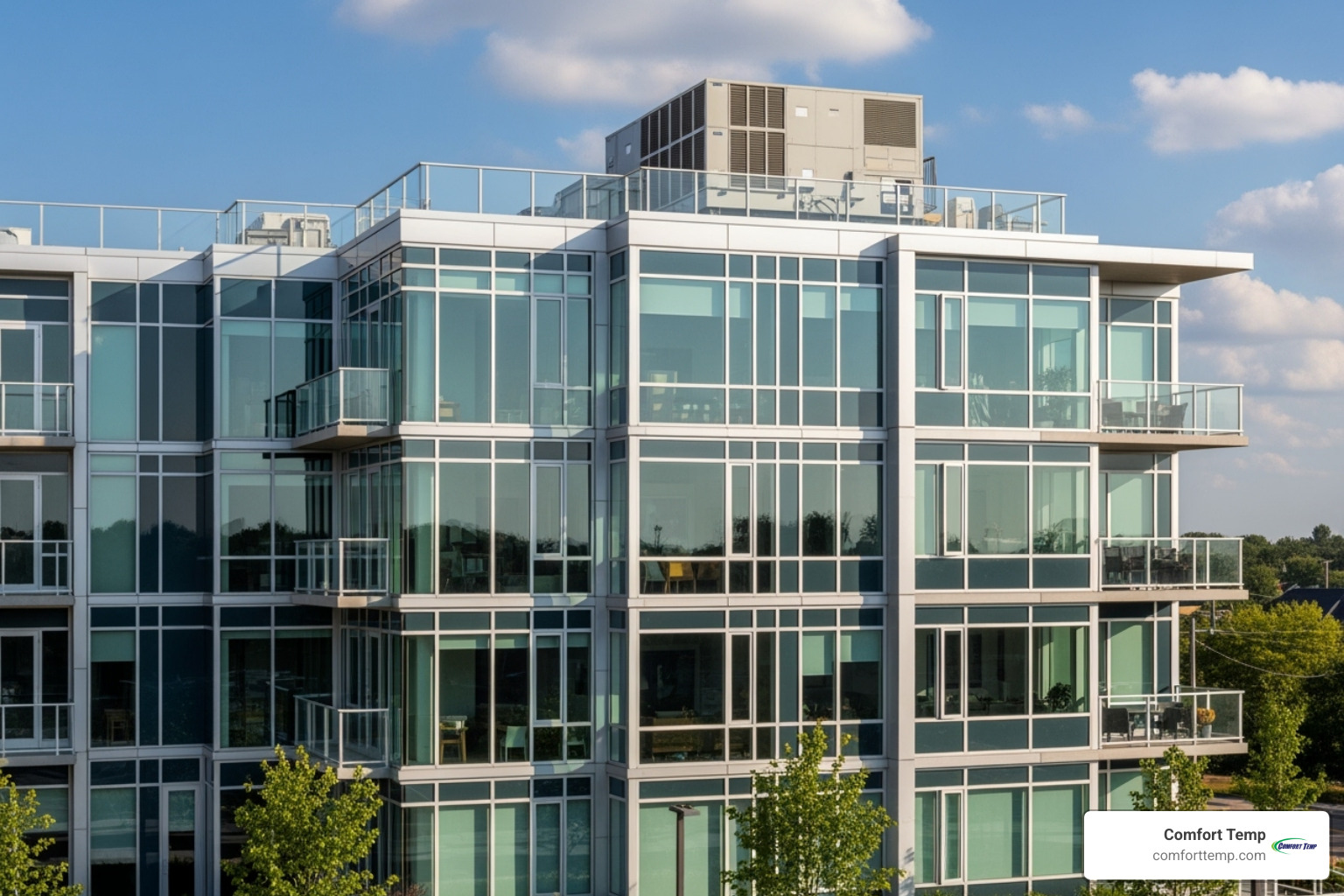 clean, modern apartment building exterior showing a rooftop central AC unit - how do apartment air conditioners work clean, modern apartment building exterior showing a rooftop central AC unit - how do apartment air conditioners work