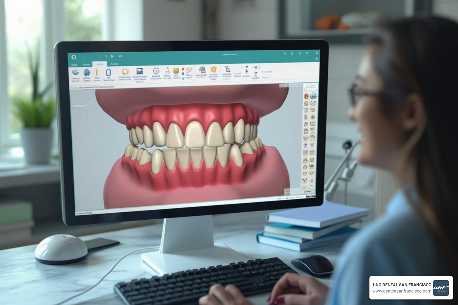 of a digital smile design preview on a computer screen - complete dental restoration