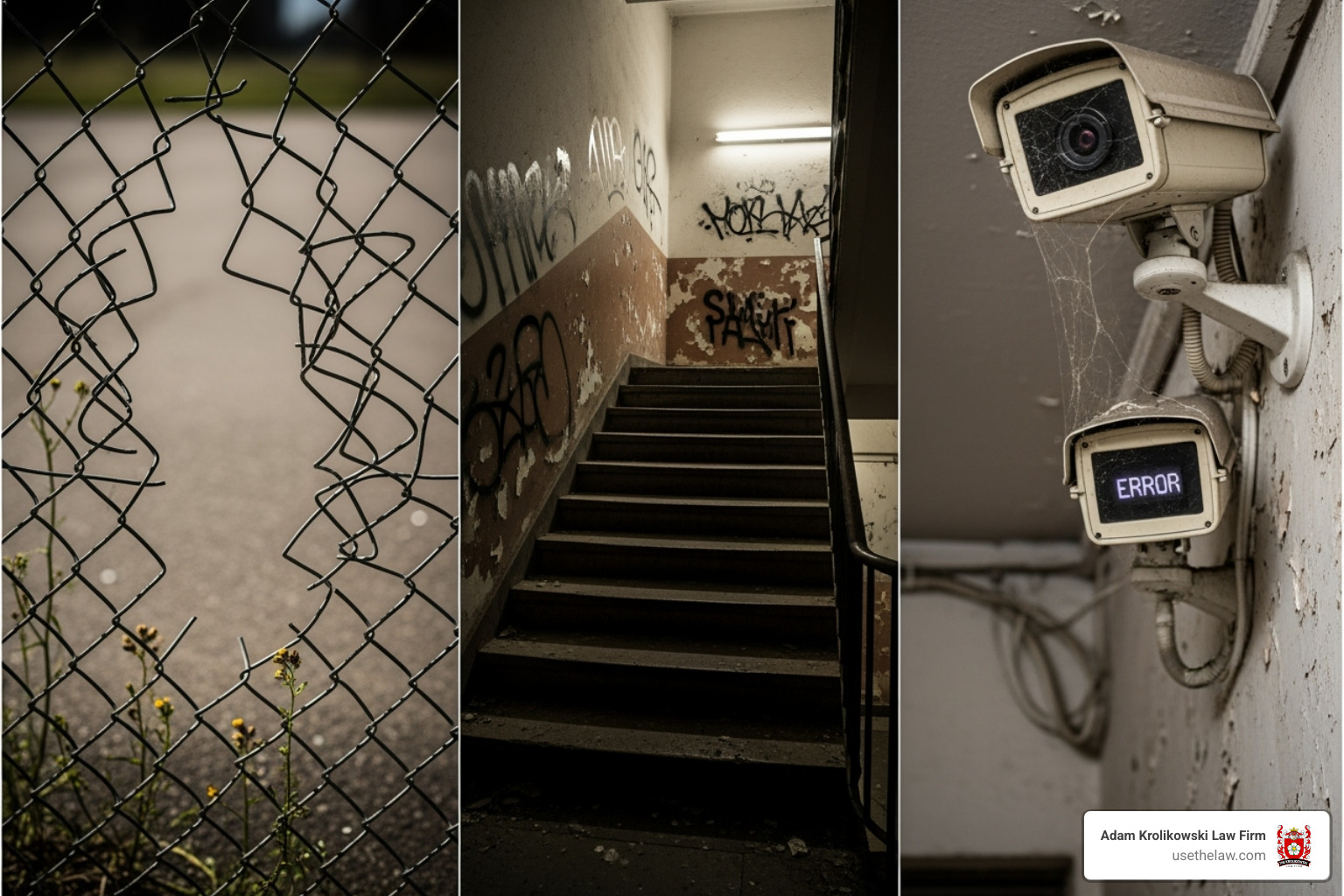 collage of security failures like a broken fence, a dark stairwell, and an unmonitored security camera - negligent security lawsuit collage of security failures like a broken fence, a dark stairwell, and an unmonitored security camera - negligent security lawsuit