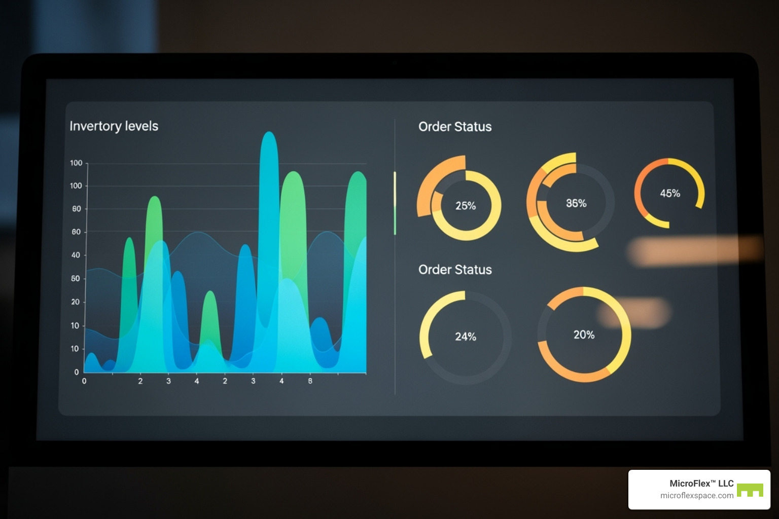 A WMS dashboard displayed on a computer screen, showing inventory levels and order statuses. - small warehouse storage A WMS dashboard displayed on a computer screen, showing inventory levels and order statuses. - small warehouse storage