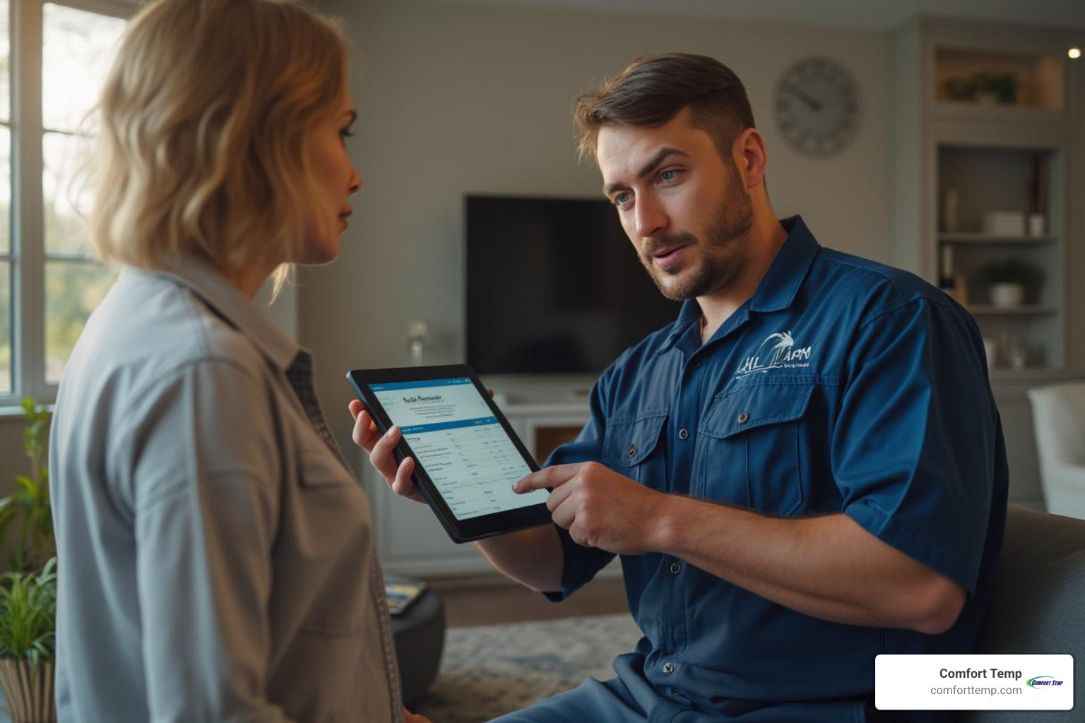 technician explaining a repair quote on a tablet to a homeowner - residential hvac service near me technician explaining a repair quote on a tablet to a homeowner - residential hvac service near me