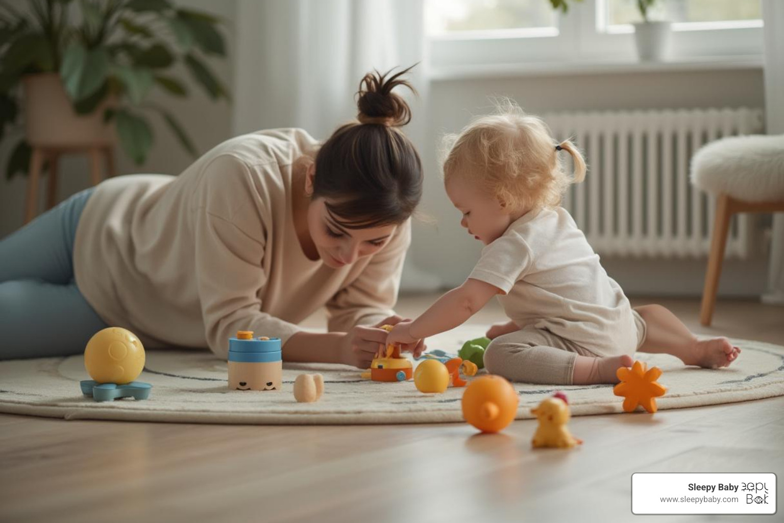 Parent engaging in quiet pre-nap play with toddler - when do babies transition to one nap