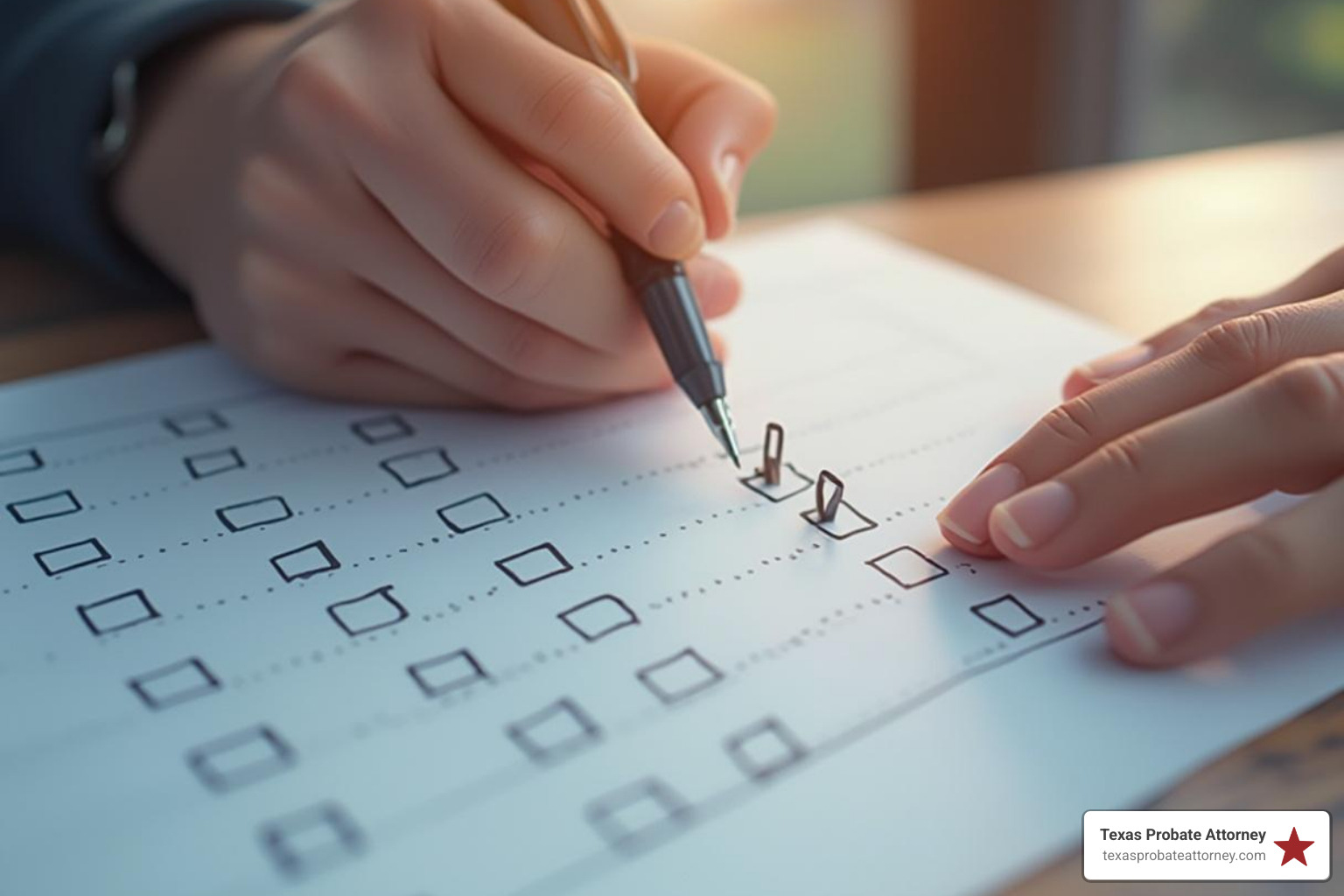 A checklist with items like "Notify Creditors," "File Inventory," and "Pay Debts" with checkmarks - definition of independent administration texas
