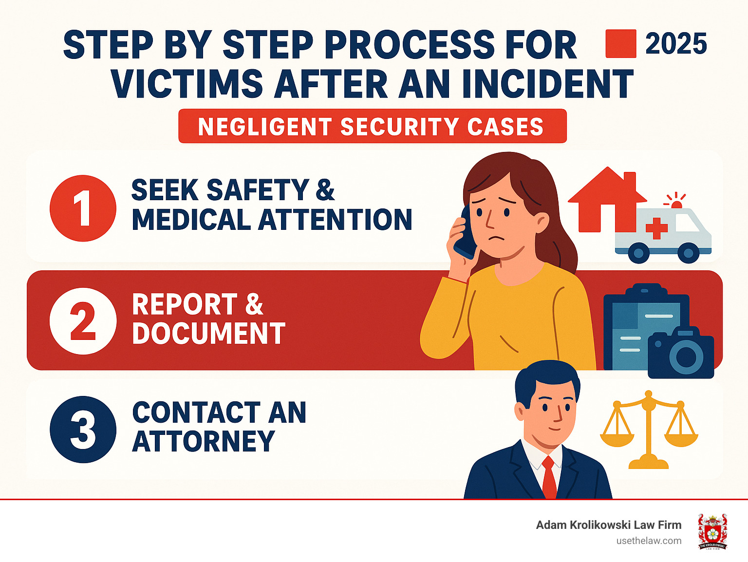 Infographic showing the step-by-step process for victims after an incident: Seek Safety & Medical Attention, Report & Document, Contact an Attorney - negligent security cases infographic Infographic showing the step-by-step process for victims after an incident: Seek Safety & Medical Attention, Report & Document, Contact an Attorney - negligent security cases infographic