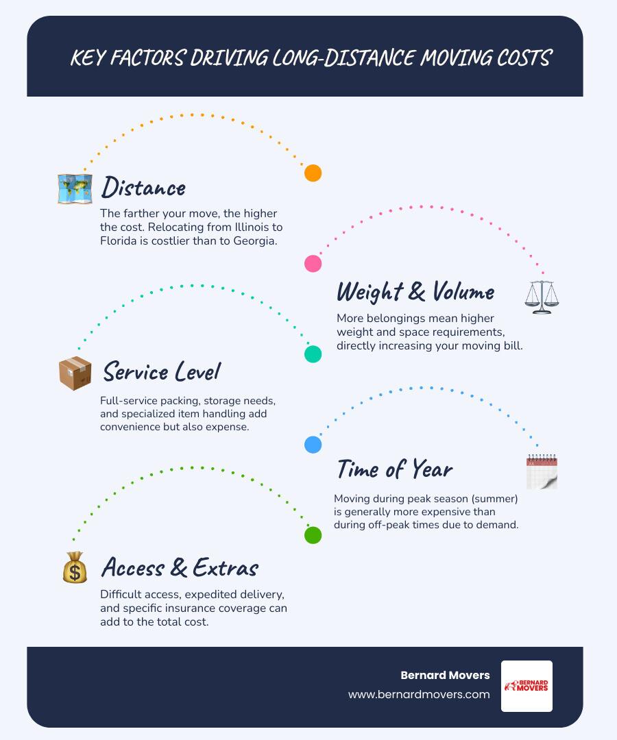 Infographic showing key factors that determine long-distance moving costs, including distance, weight/volume of belongings, types of services chosen (packing, unpacking, specialty items), time of year (peak vs. off-peak season), need for expedited delivery, level of insurance coverage, and potential additional fees like stair or long carry charges.