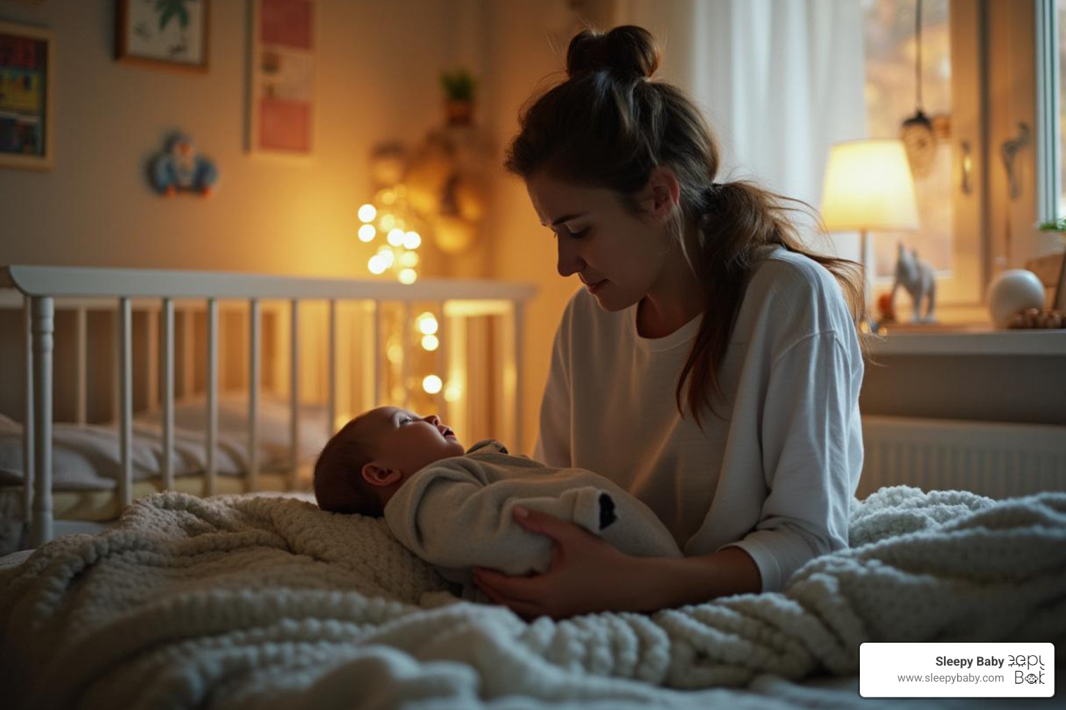 A parent calmly soothes their baby in a dimly lit nursery