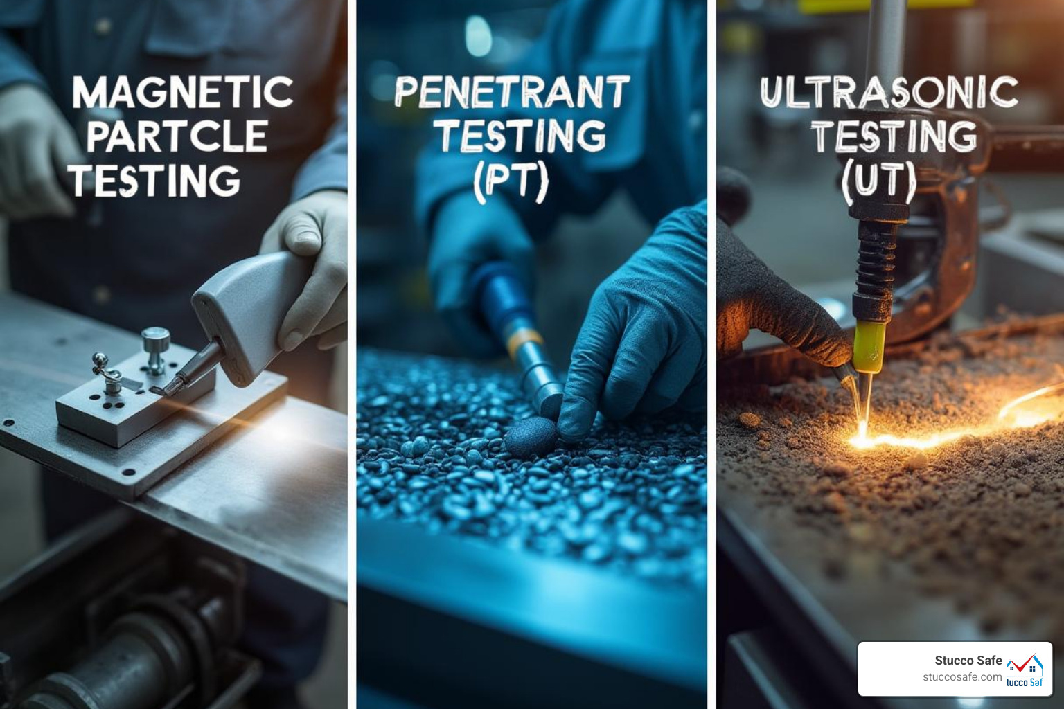 Split view of different NDT methods in action (MT, PT, UT) - nondestructive inspection jobs