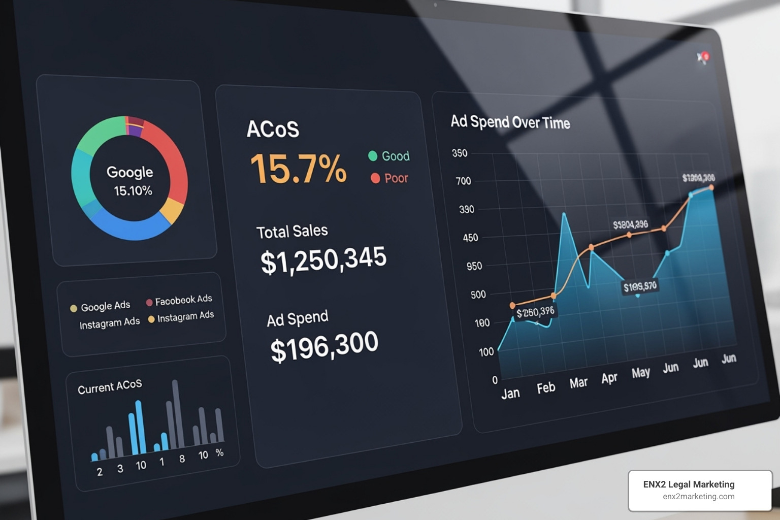 Amazon advertising analytics dashboard showing key metrics like ACoS, sales, and spend over time - amazon pay per click advertising management
